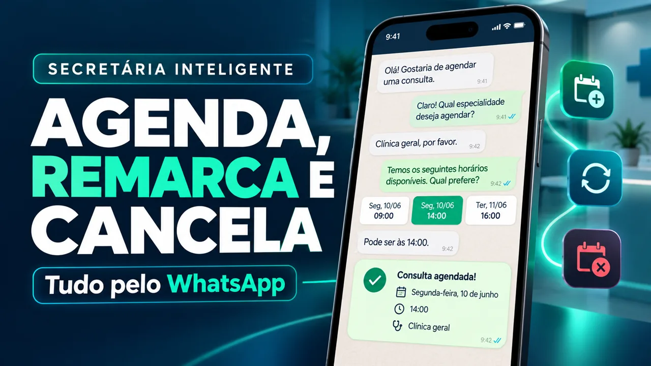 Demonstração da Secretária Inteligente agendando, remarcando e cancelando consultas pelo WhatsApp